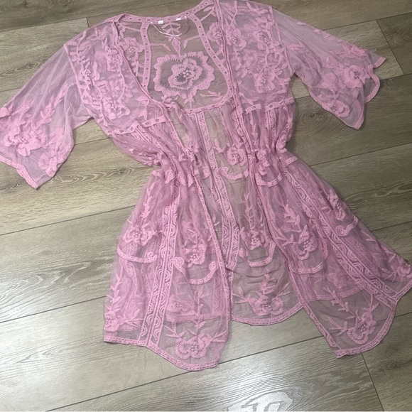 Bohemian Light Pink Lace Crochet Long Kimono - Picture 2 of 10
